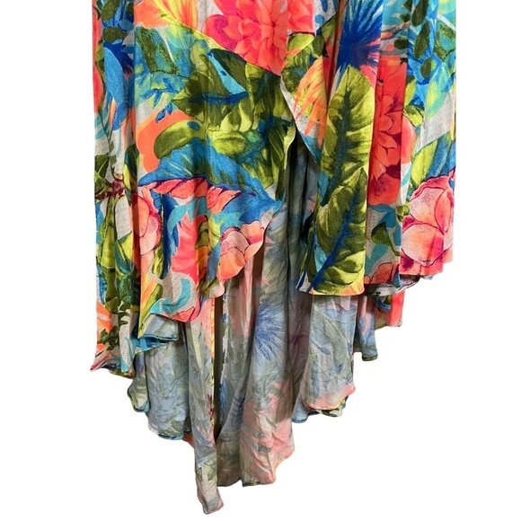 Farm Rio Dress L Orange Tropical Hi Lo Maxi One Shoulder Strap Blue Side Split G - Picture 4 of 15